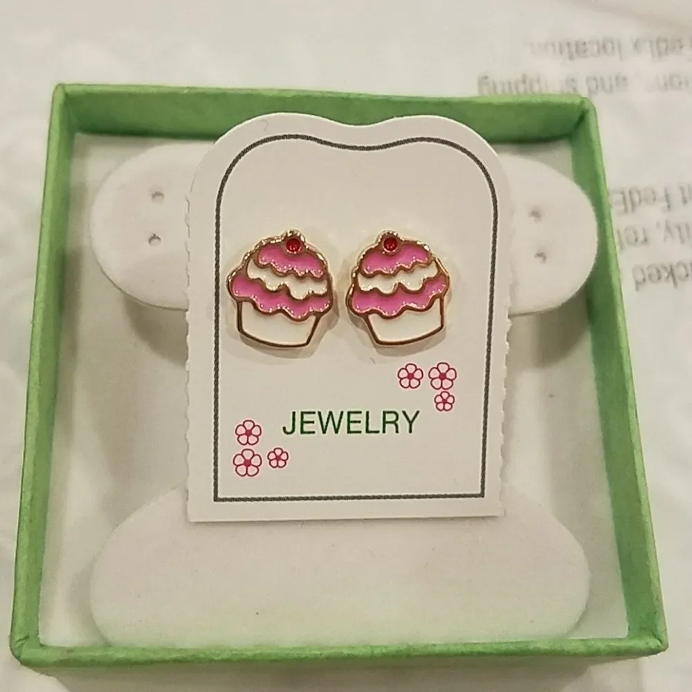 14k gold plated Brass Enamel Pink Cupcake Earring